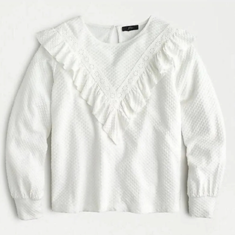 J. Crew White Honeycomb Ruffle Trim Crew Neck Balloon Sleeves Top S
